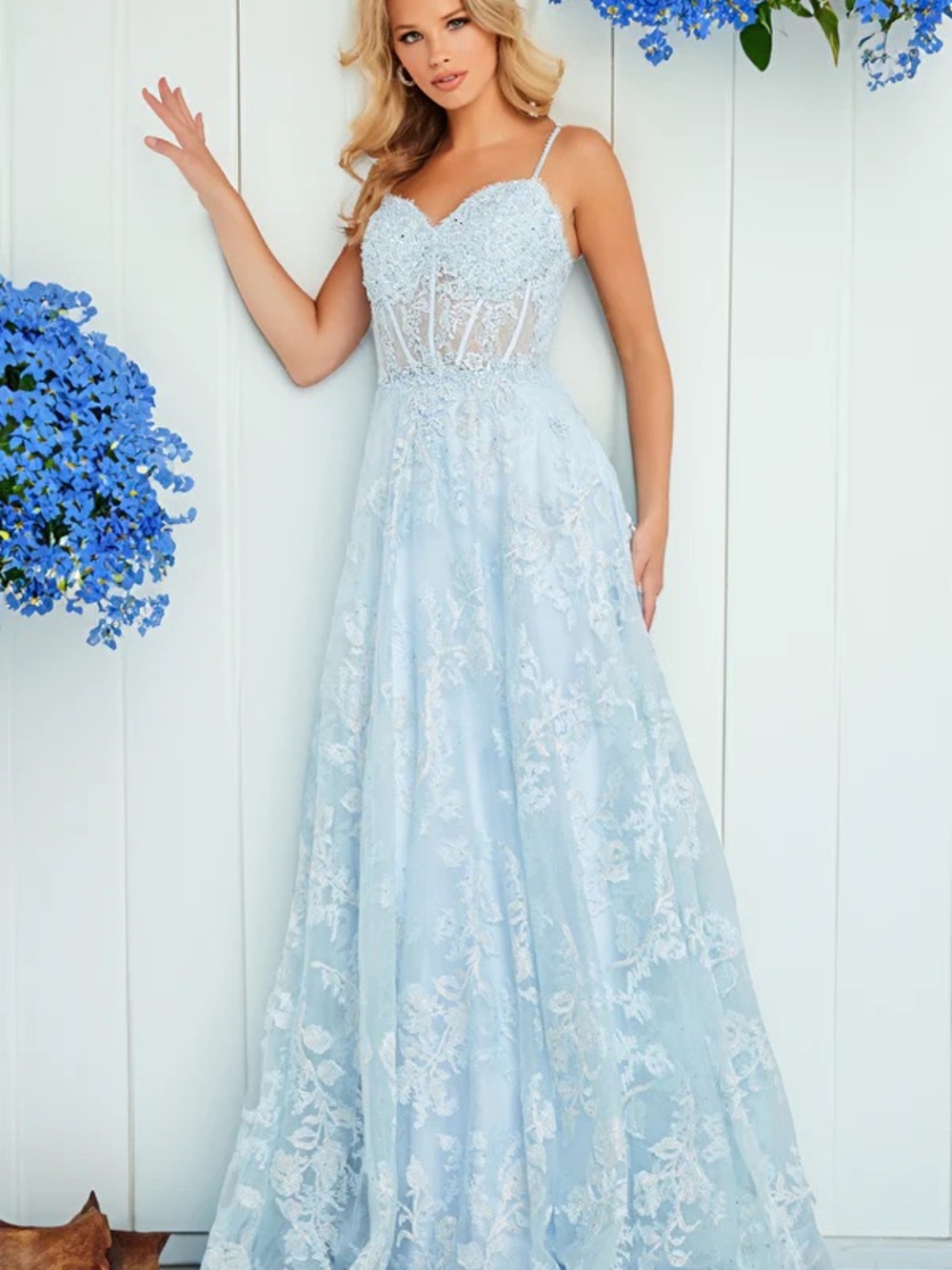 JVN by Jovani Light Blue Lace Spaghetti-Strap Maxi Gown
